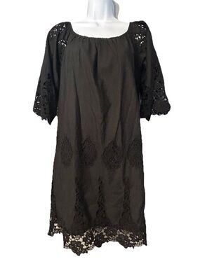 MOON Black 3/4 Sleeve Lace Eyelet Crochet Boho Lined Dress Women’s Large